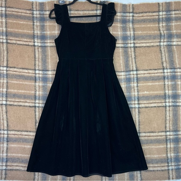 CHU DU CLASSIC FASHION SQUARE-NECK RUFFLE STRAP VELVET MIDI DRESS SIZE:L BLACK - Picture 3 of 12